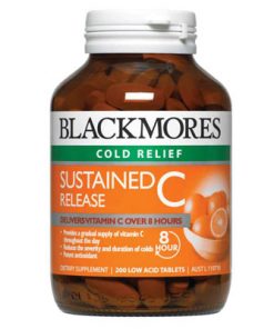 Viên uống chữa cảm nặng Blackmores Sustained Release C 200 Viên cung cấp chất dinh dưỡng và duy trì cho đến hàng nhiều giừo. Vitamin C thường được sử dụng để giảm mức độ nghiêm trọng và thời gian của cảm lạnh và phản ứng dị ứng, và hỗ trợ chữa lành vết thương.