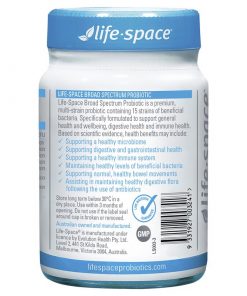 Viên uống men vi sinh Life Space Broad Spectrum Probiotic 60 viên mặt sau